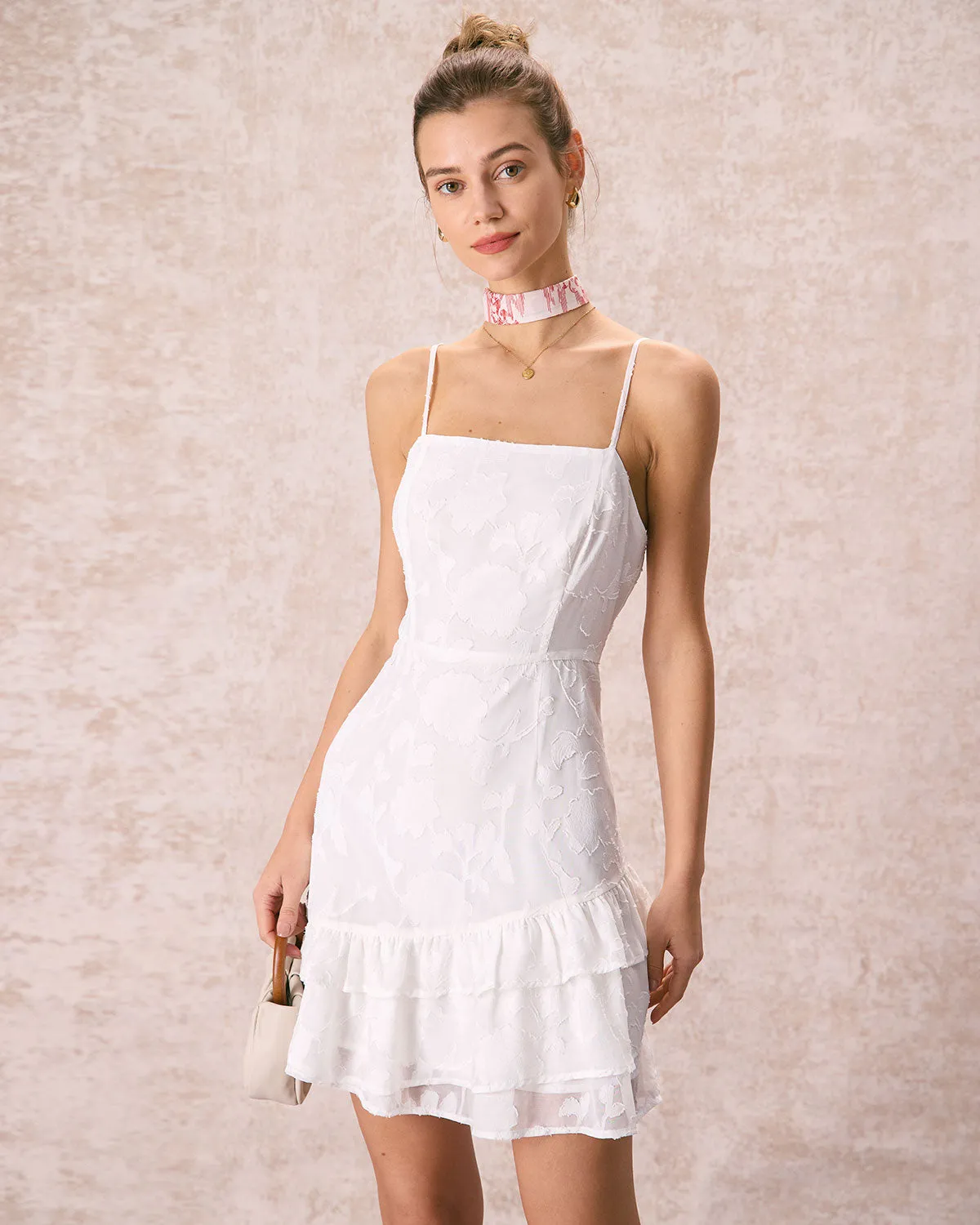 The White Jacquard Ruffle Strap Mini Dress sold by rihoas product image thumbnail 4