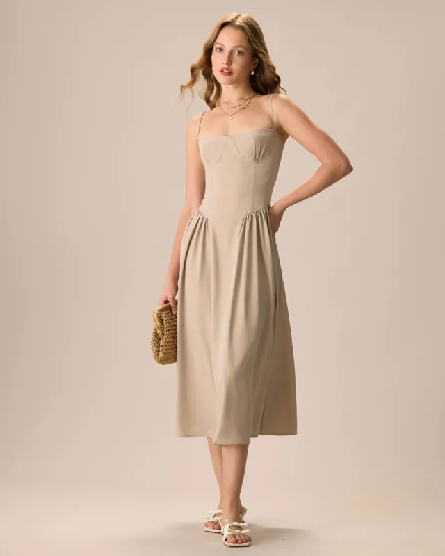 Women's Khaki Ruched Slip Midi Dress sold by rihoas