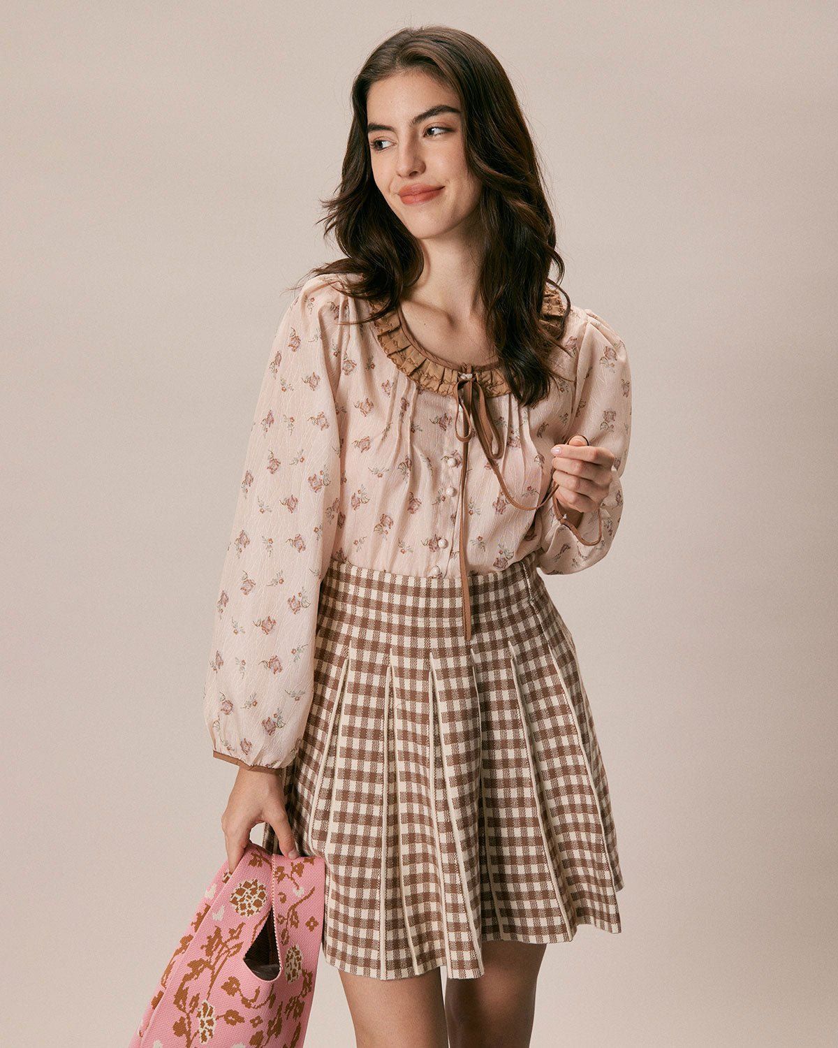 The Khaki Round Neck Floral Ruffle Blouse sold by rihoas product image thumbnail 3