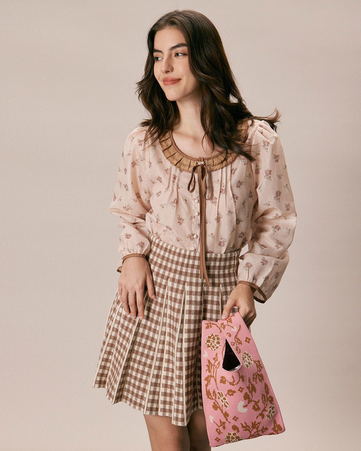 The Khaki Round Neck Floral Ruffle Blouse sold by rihoas product image thumbnail 5