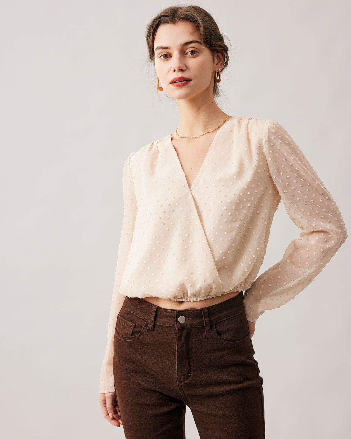 The Apricot V Neck Sheer Sleeve Blouse sold by rihoas product image thumbnail 3