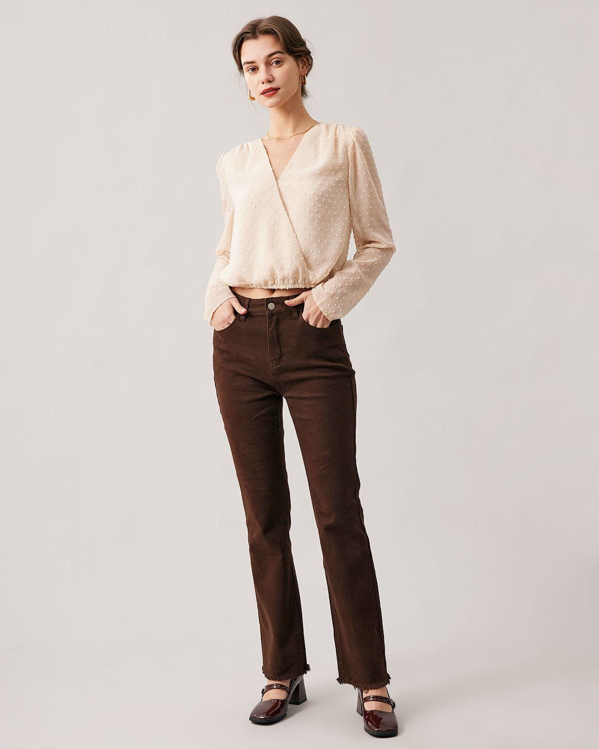 The Apricot V Neck Sheer Sleeve Blouse sold by rihoas product image thumbnail 4