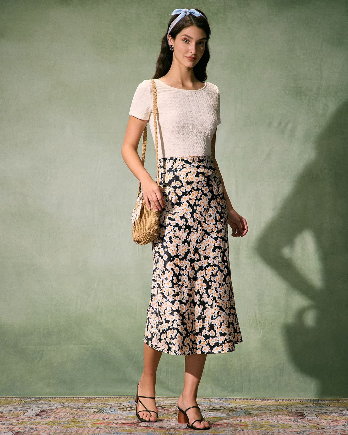 The Black High-Waisted Daisy Midi Skirt sold by rihoas product image thumbnail 5