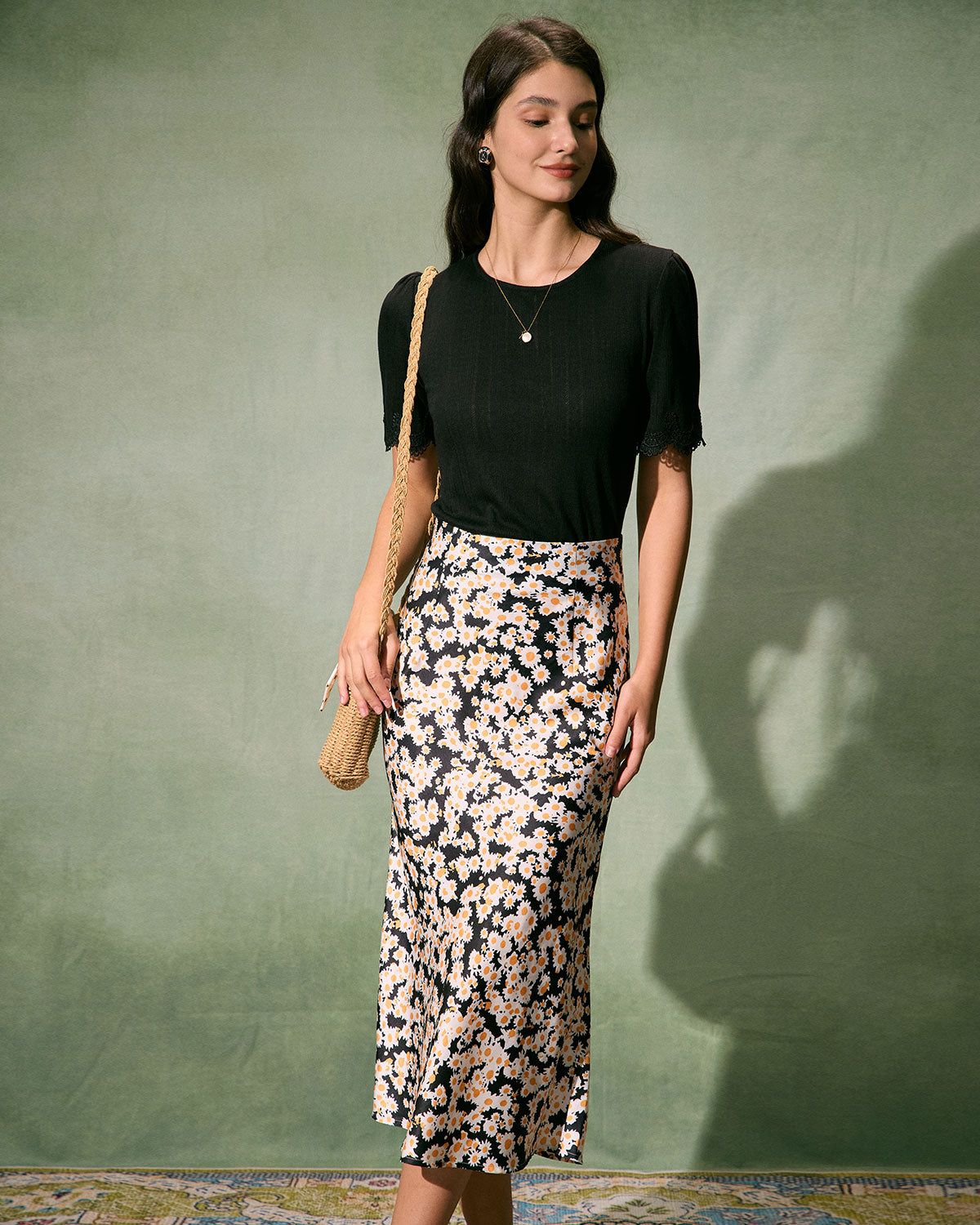 The Black High-Waisted Daisy Midi Skirt sold by rihoas product image thumbnail 4