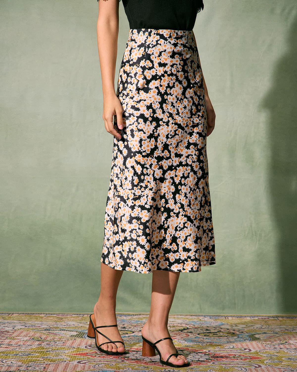 The Black High-Waisted Daisy Midi Skirt sold by rihoas product image thumbnail 2