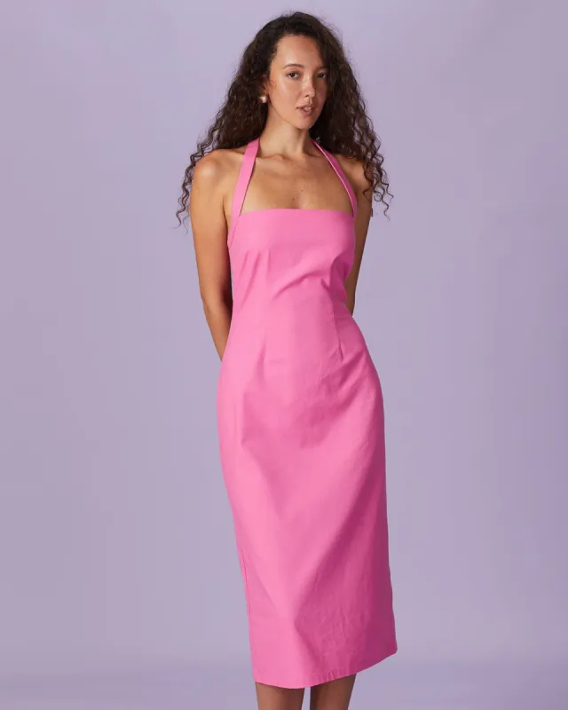 The Pink Halter Backless Slit Midi Dress sold by rihoas