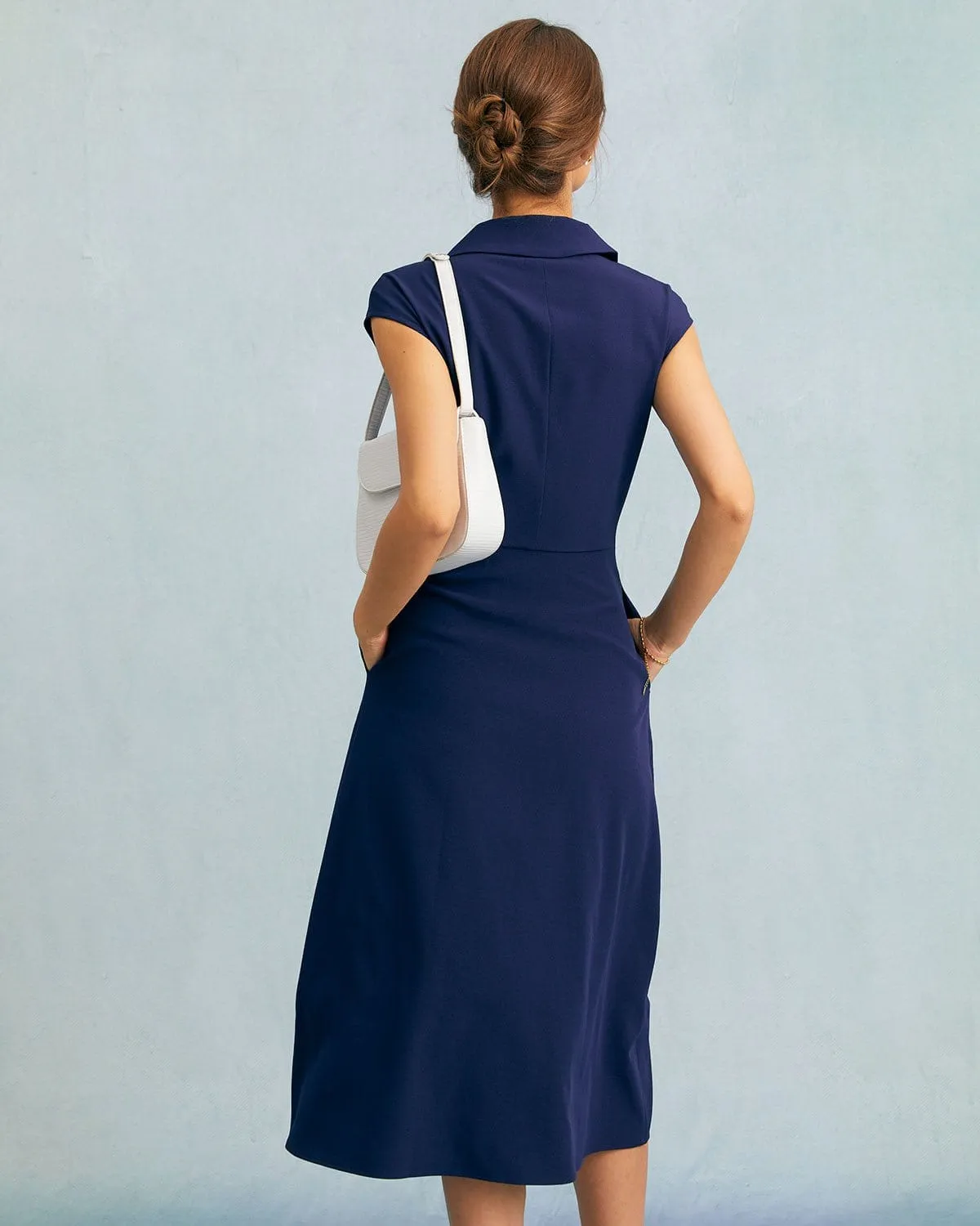 The Navy V Neck Button Cap Sleeve Midi Dress sold by rihoas product image thumbnail 4