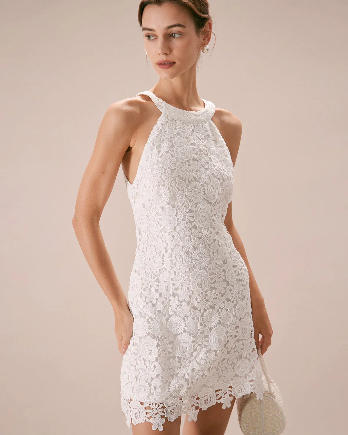 The White Halter Lace Sheath Mini Dress sold by rihoas product image thumbnail 4