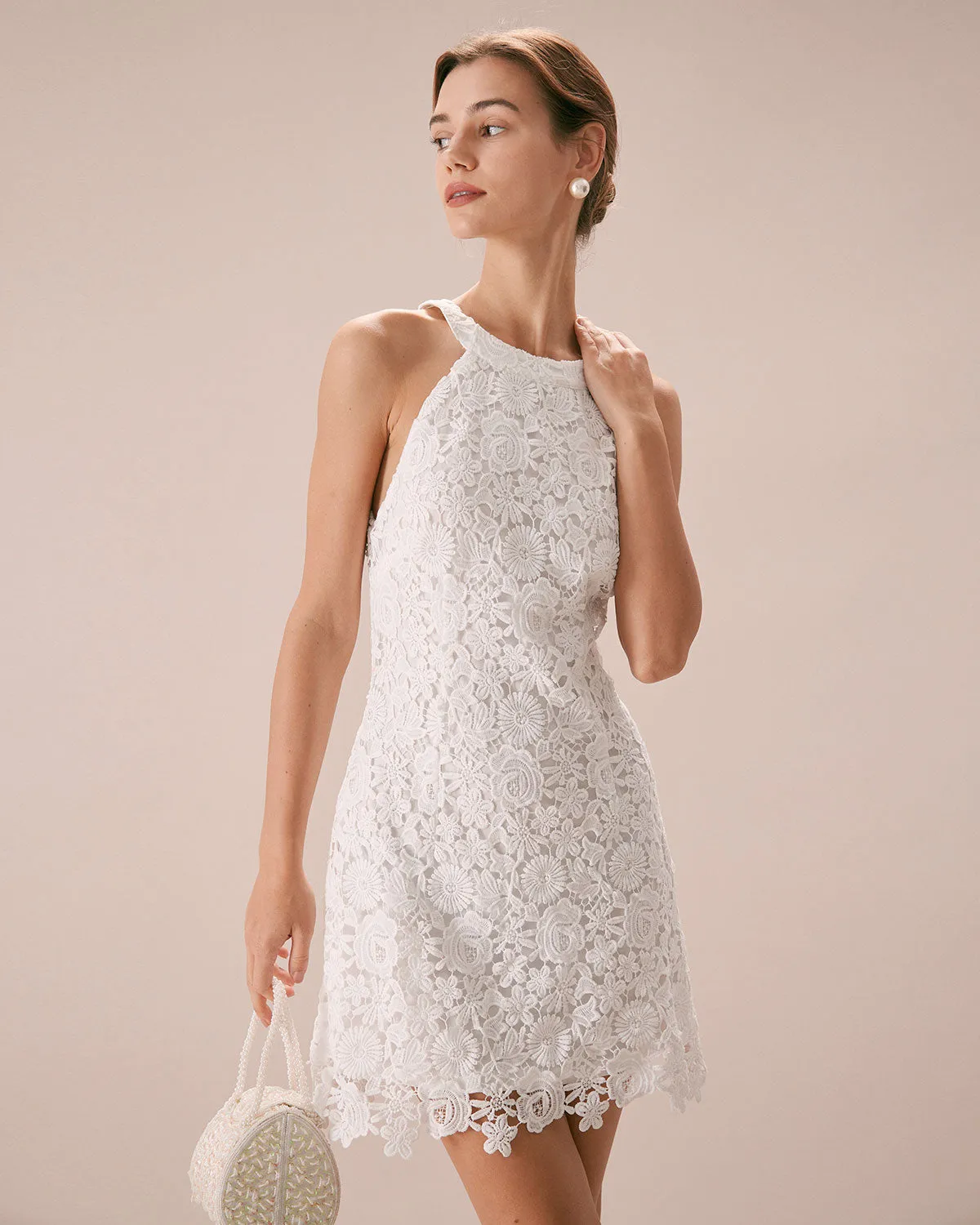 The White Halter Lace Sheath Mini Dress sold by rihoas product image thumbnail 3