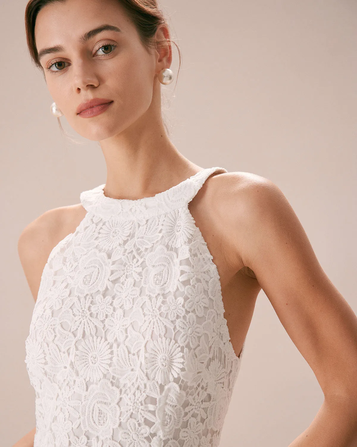 The White Halter Lace Sheath Mini Dress sold by rihoas product image thumbnail 2