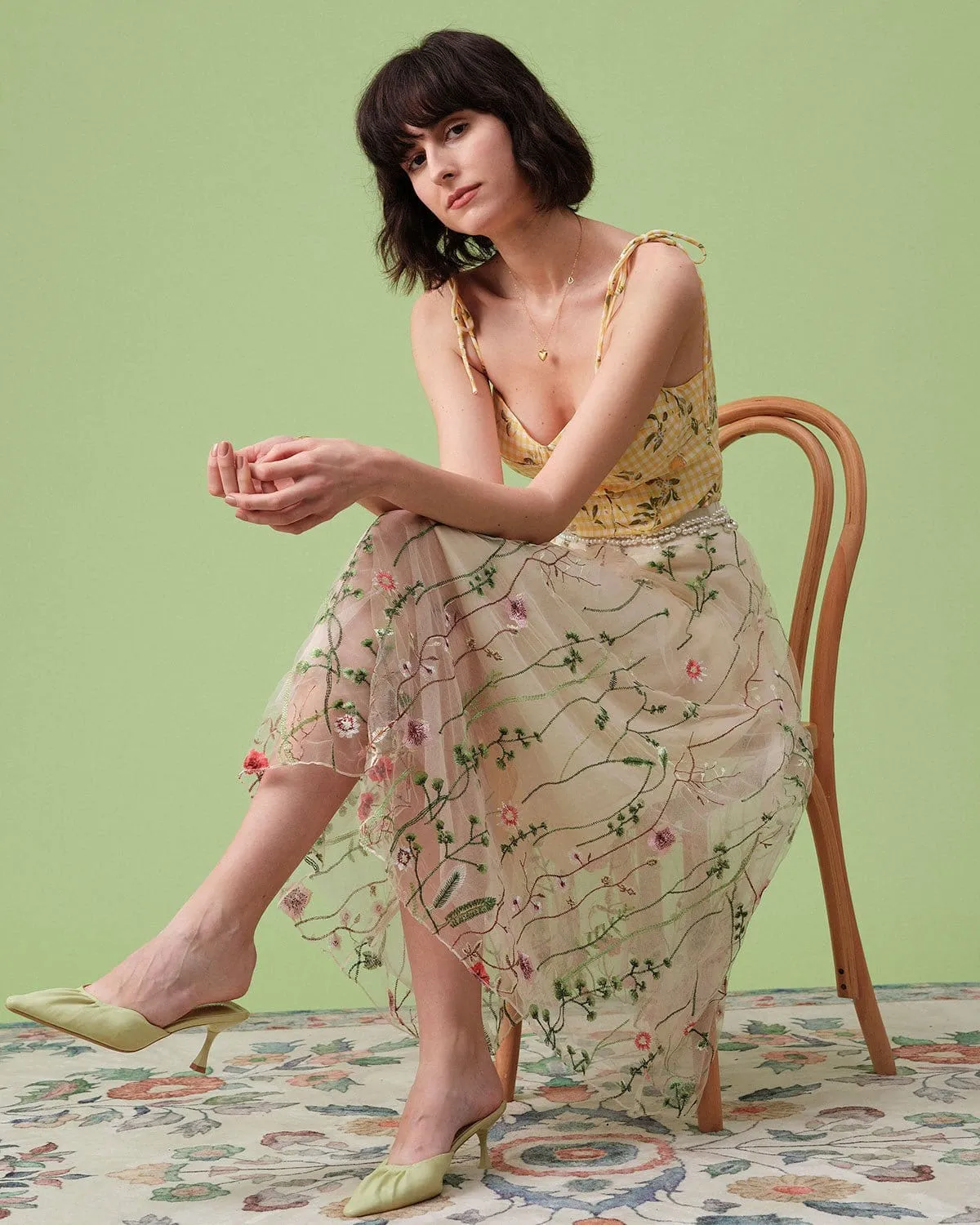 The High Waisted Floral Embroidery A-line Midi Skirt sold by rihoas product image thumbnail 4