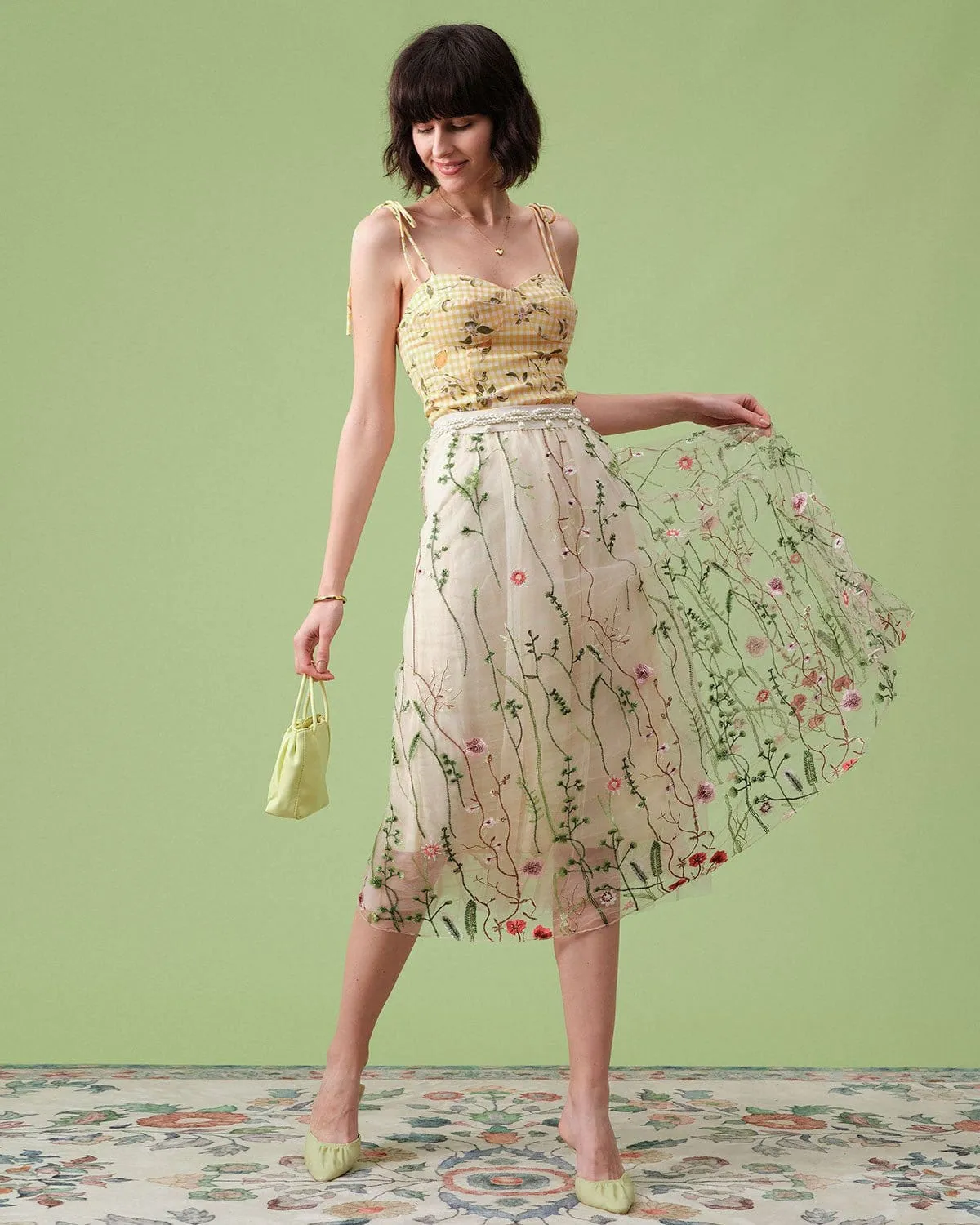 The High Waisted Floral Embroidery A-line Midi Skirt sold by rihoas product image thumbnail 3