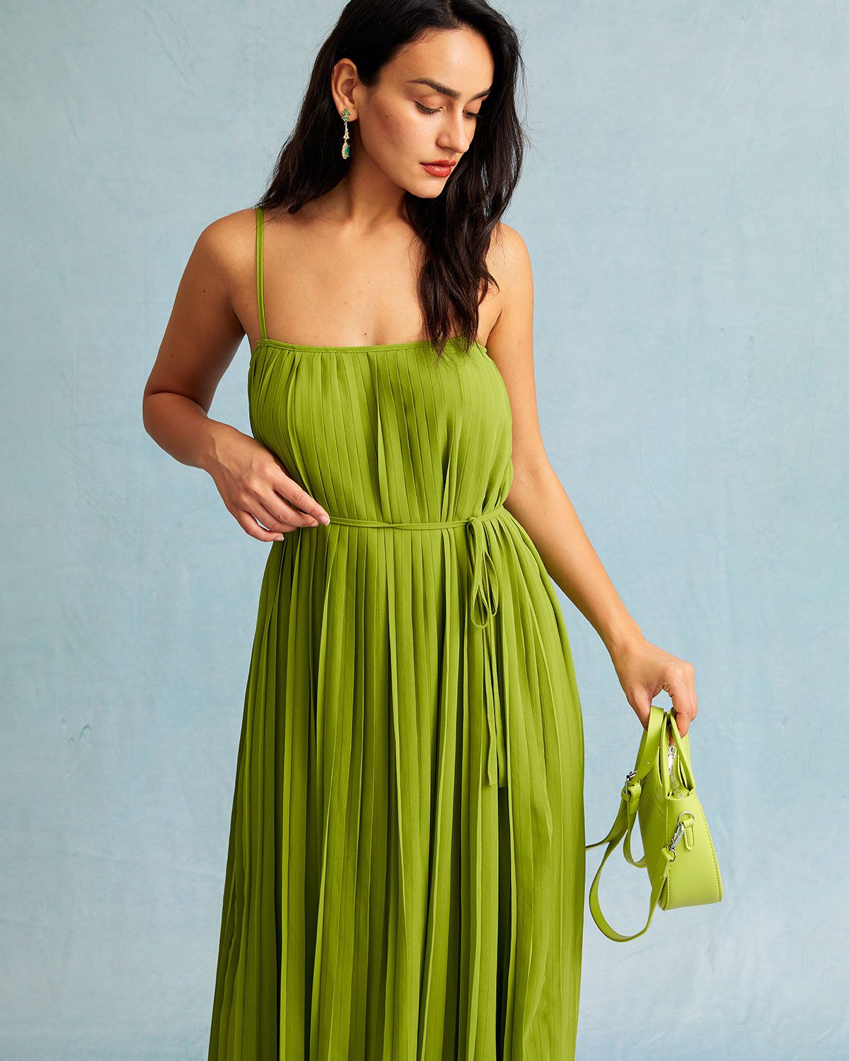 The Green Waist Tie Pleated Straight Midi Dress sold by rihoas product image thumbnail 2