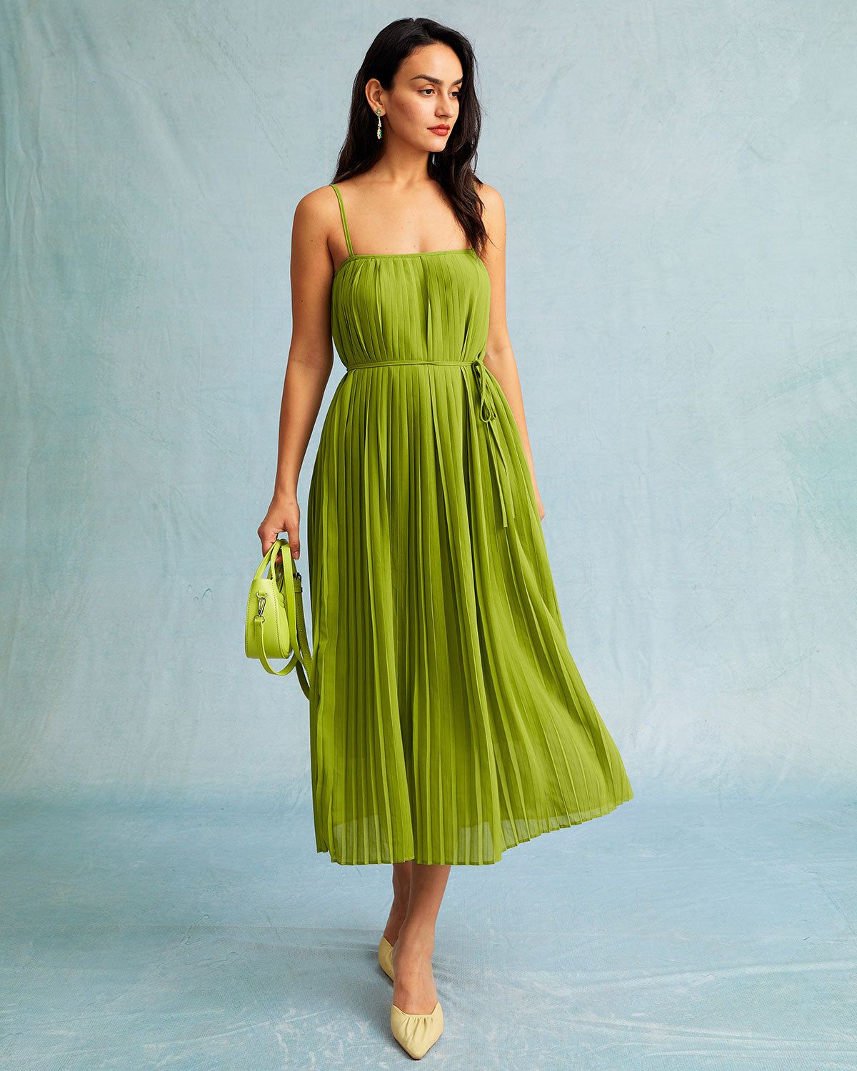 The Green Waist Tie Pleated Straight Midi Dress sold by rihoas product image thumbnail 3