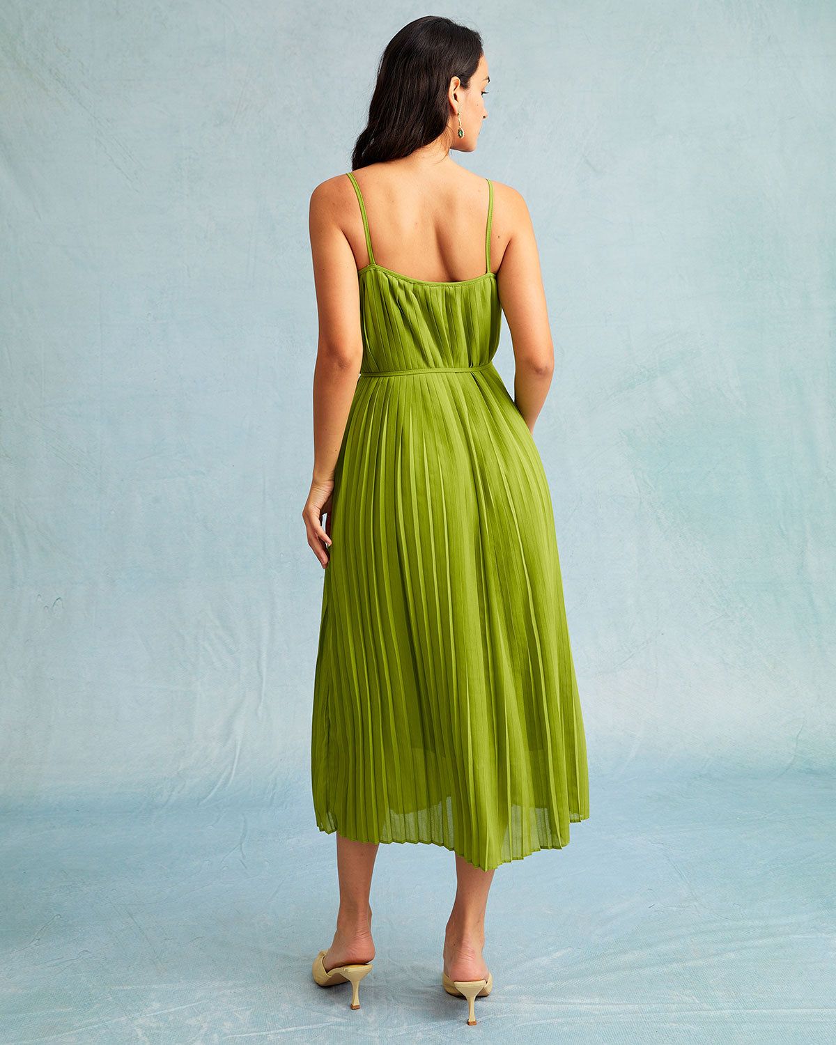The Green Waist Tie Pleated Straight Midi Dress sold by rihoas product image thumbnail 5