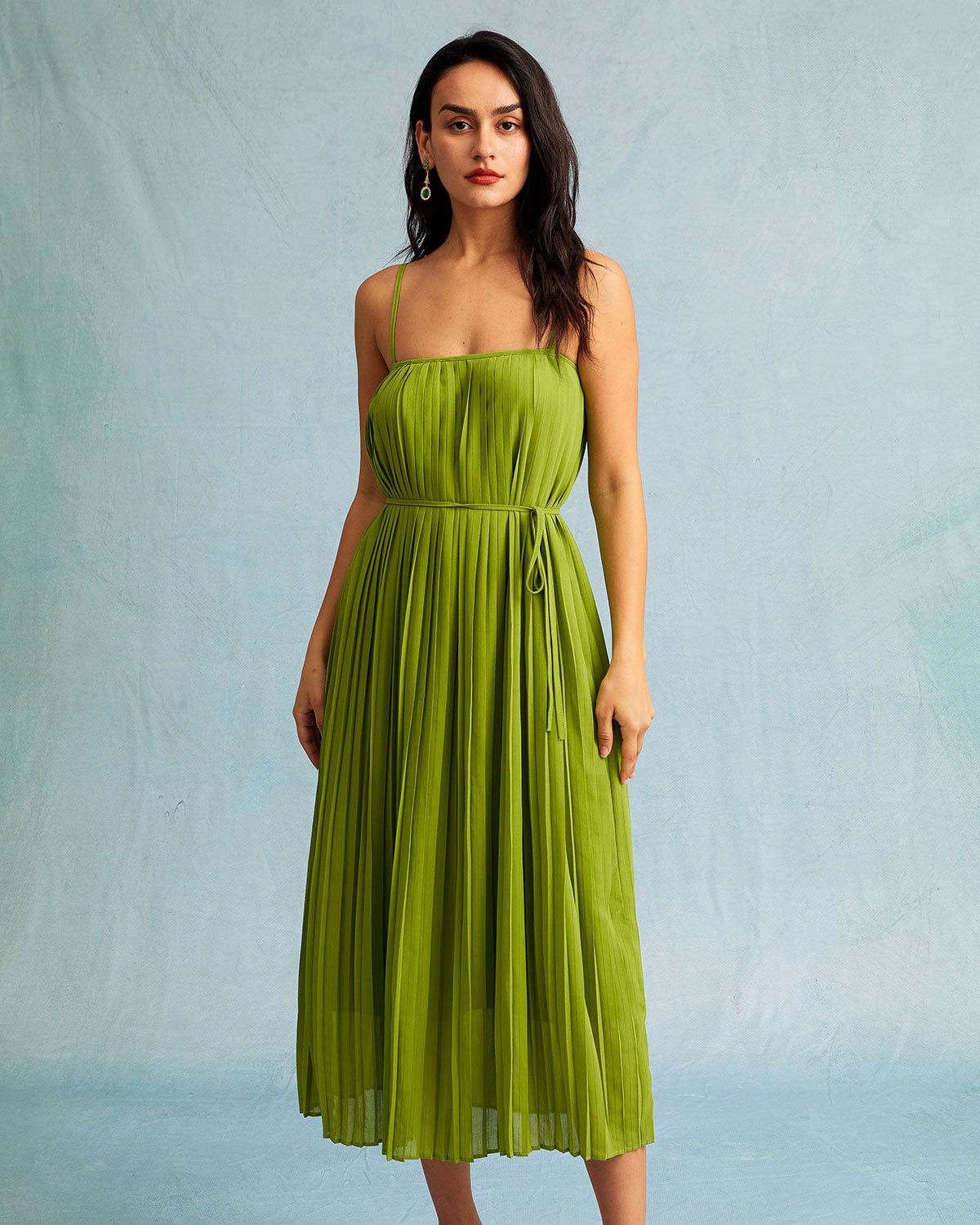 The Green Waist Tie Pleated Straight Midi Dress sold by rihoas