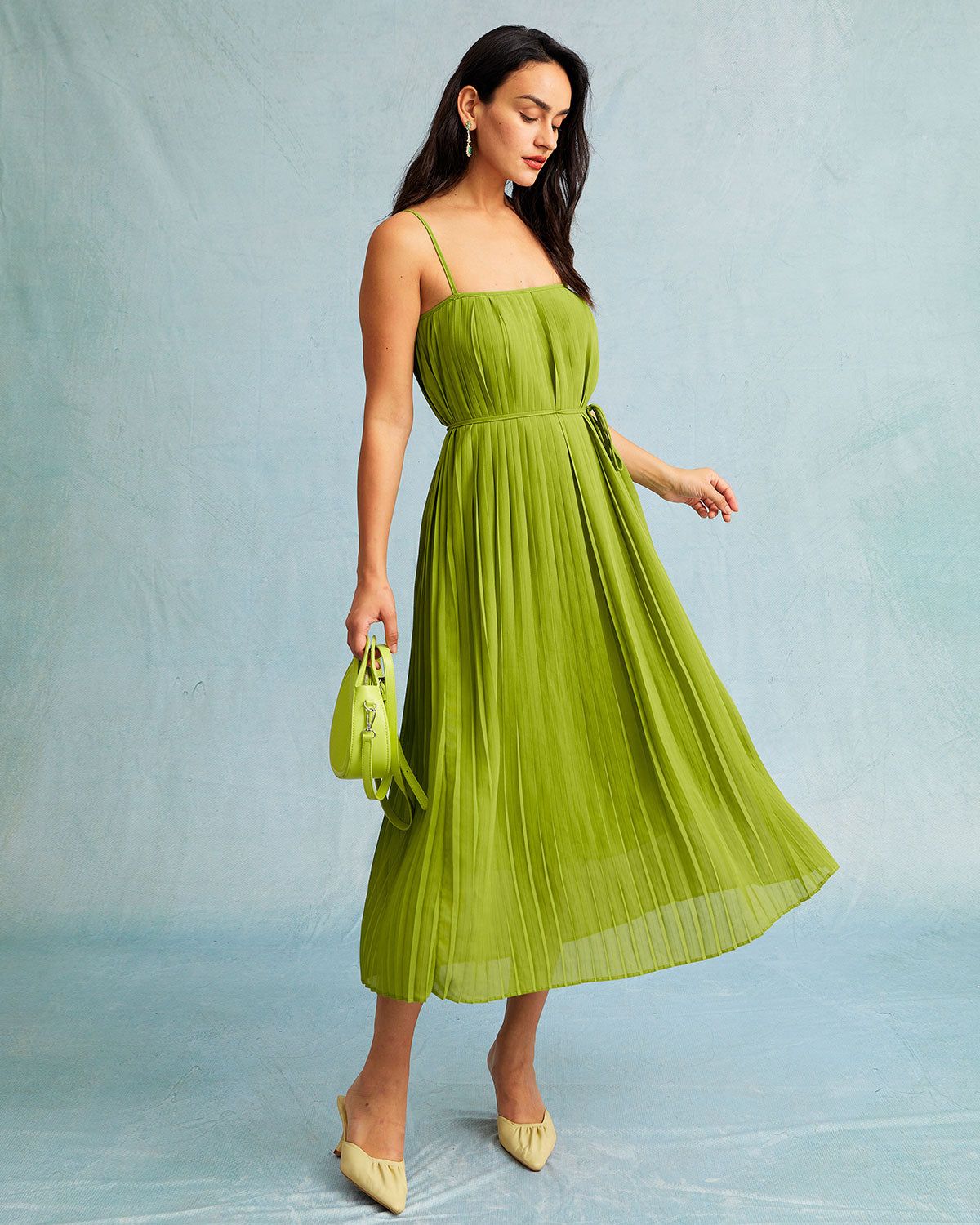 The Green Waist Tie Pleated Straight Midi Dress sold by rihoas product image thumbnail 4