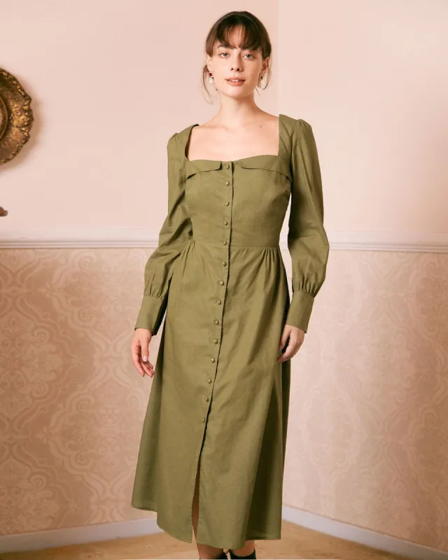 The Green Sweetheart Neck Button Midi Dress sold by rihoas
