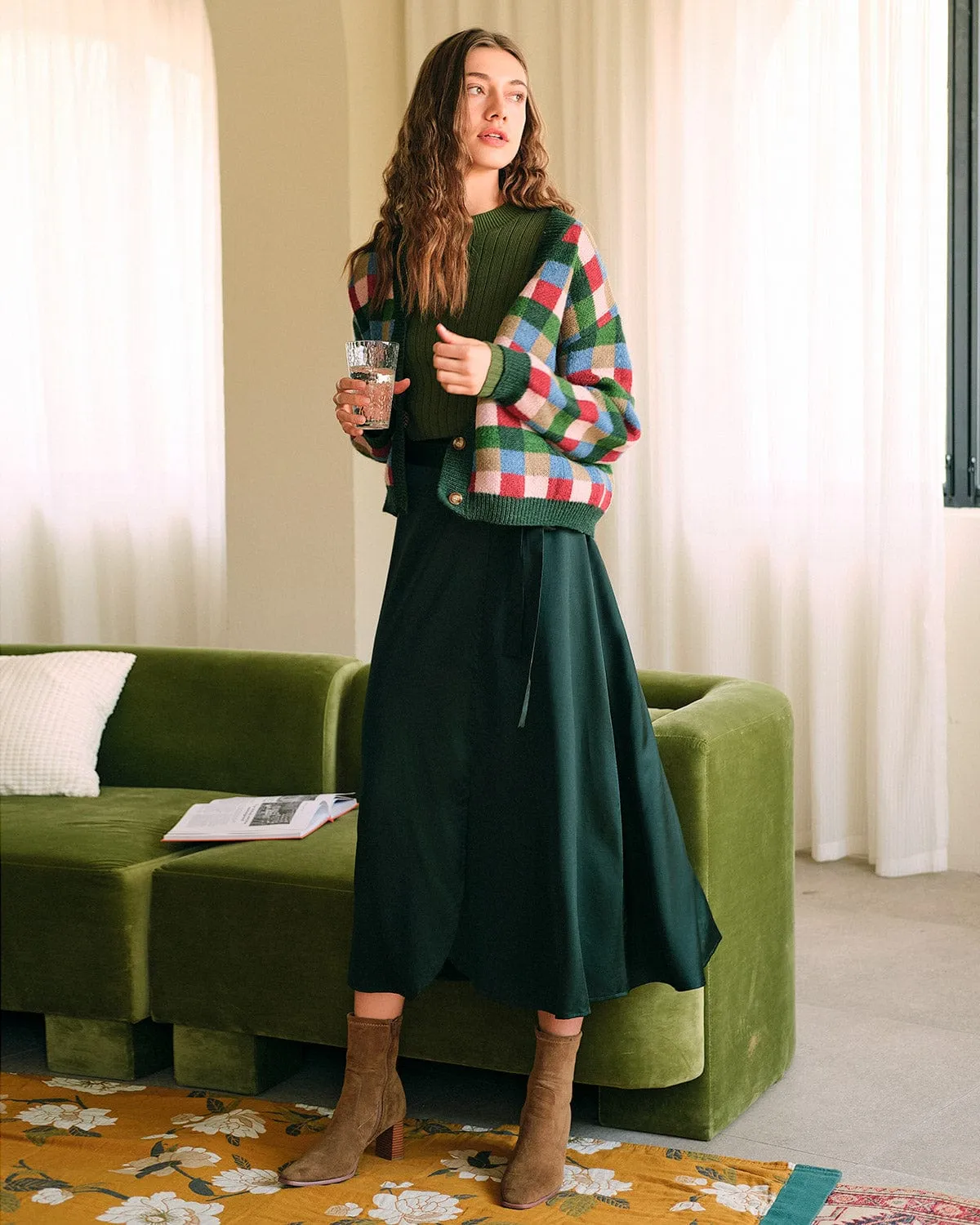 The Tie Waist High Waisted Satin Midi Skirt sold by rihoas product image thumbnail 4