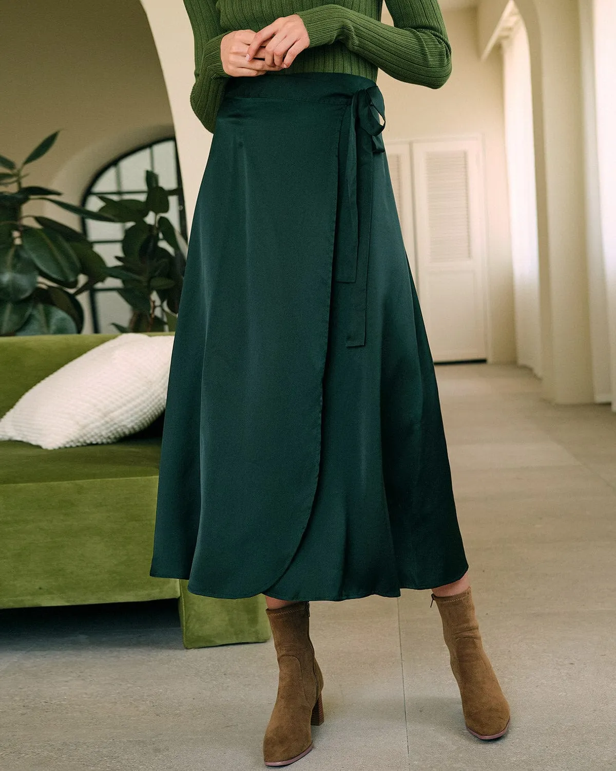 The Tie Waist High Waisted Satin Midi Skirt sold by rihoas