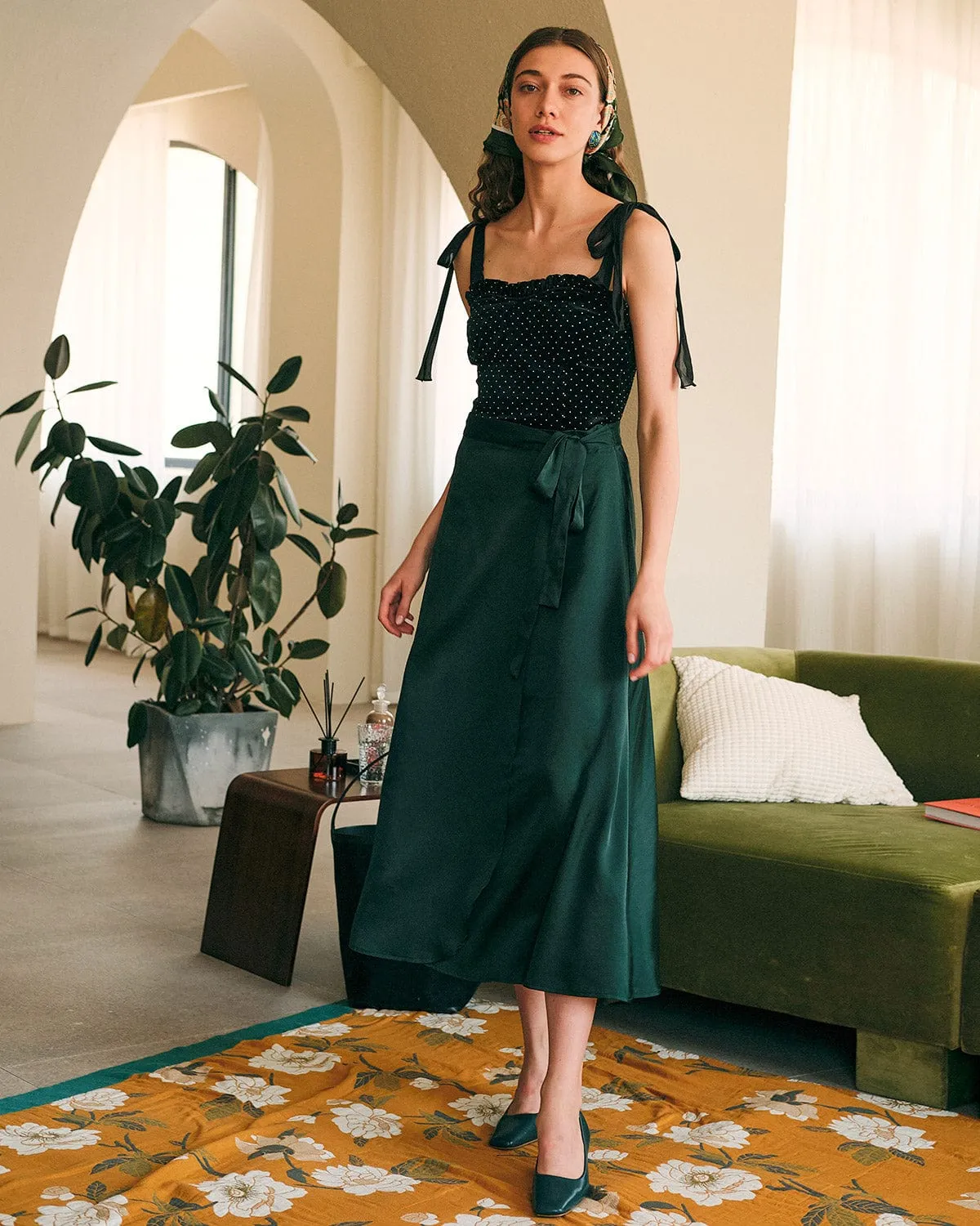 The Tie Waist High Waisted Satin Midi Skirt sold by rihoas product image thumbnail 3