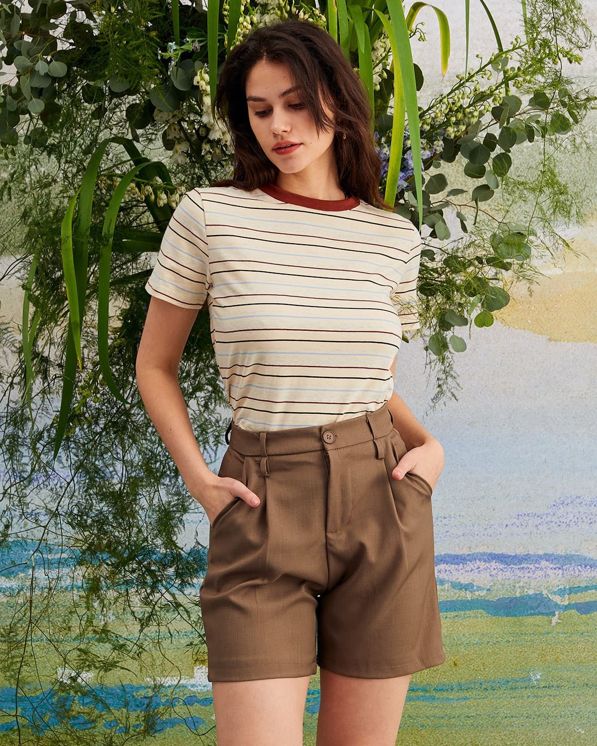 The Apricot Round Neck Striped Tee sold by rihoas