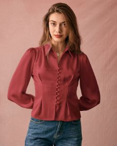 The Red Collared Puff Sleeve Satin Blouse sold by rihoas