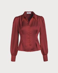 The Red Collared Puff Sleeve Satin Blouse sold by rihoas