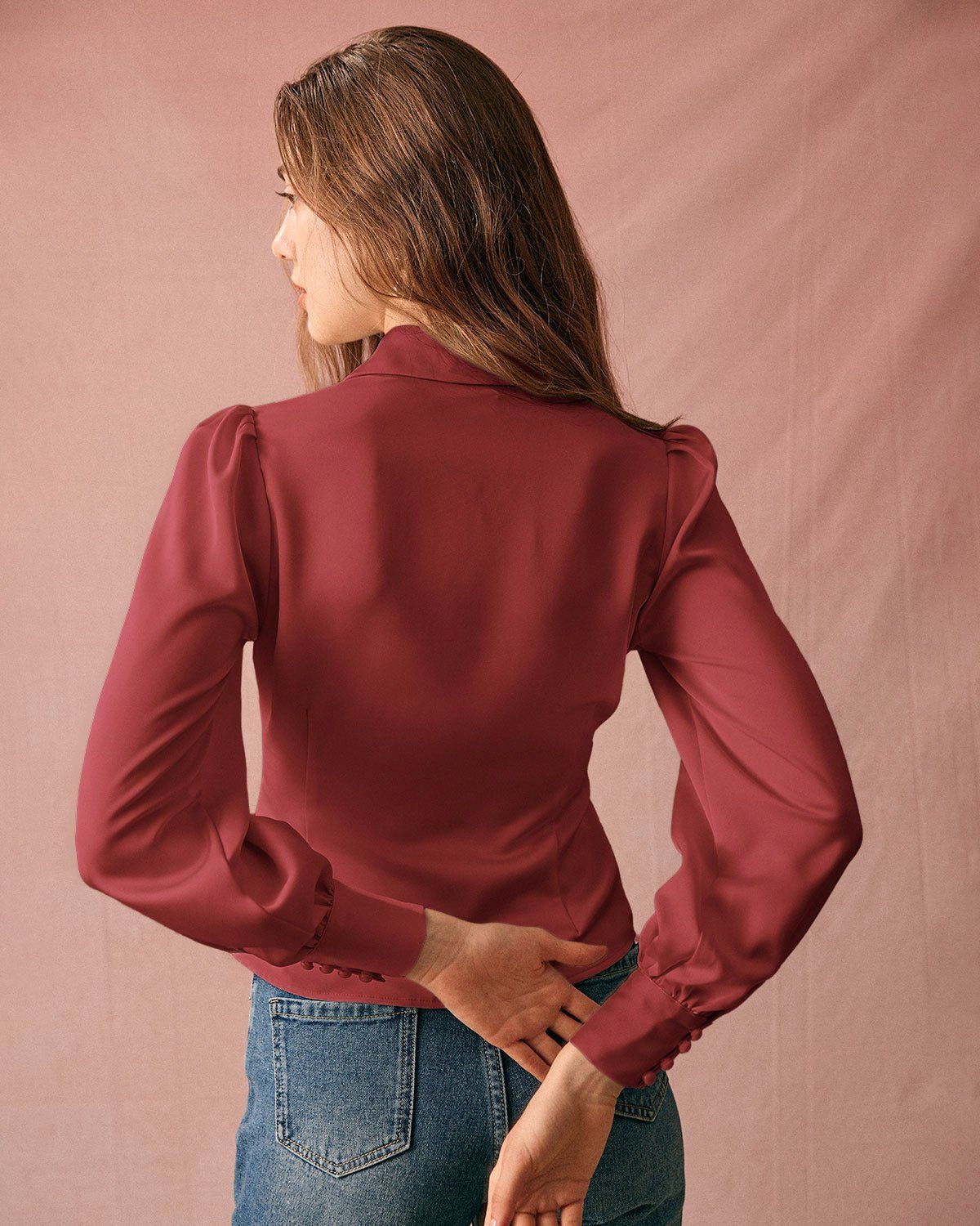 The Red Collared Puff Sleeve Satin Blouse sold by rihoas product image thumbnail 4