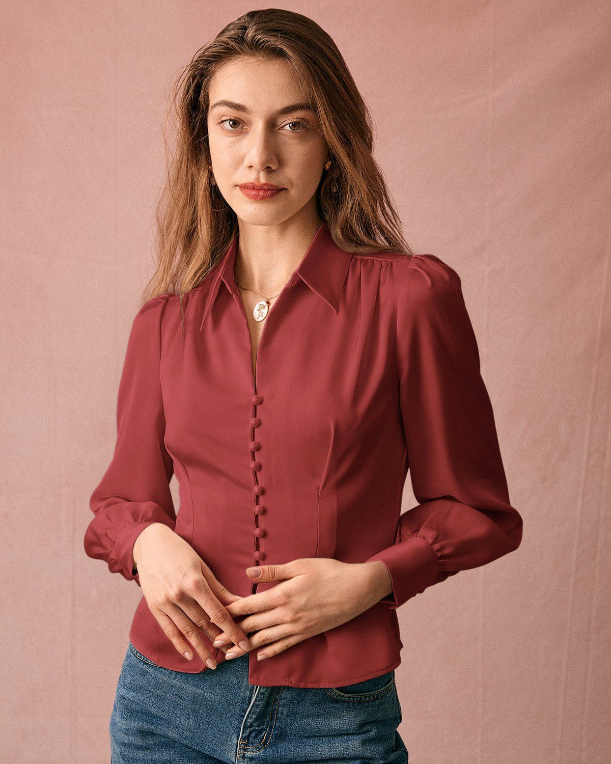 The Red Collared Puff Sleeve Satin Blouse sold by rihoas