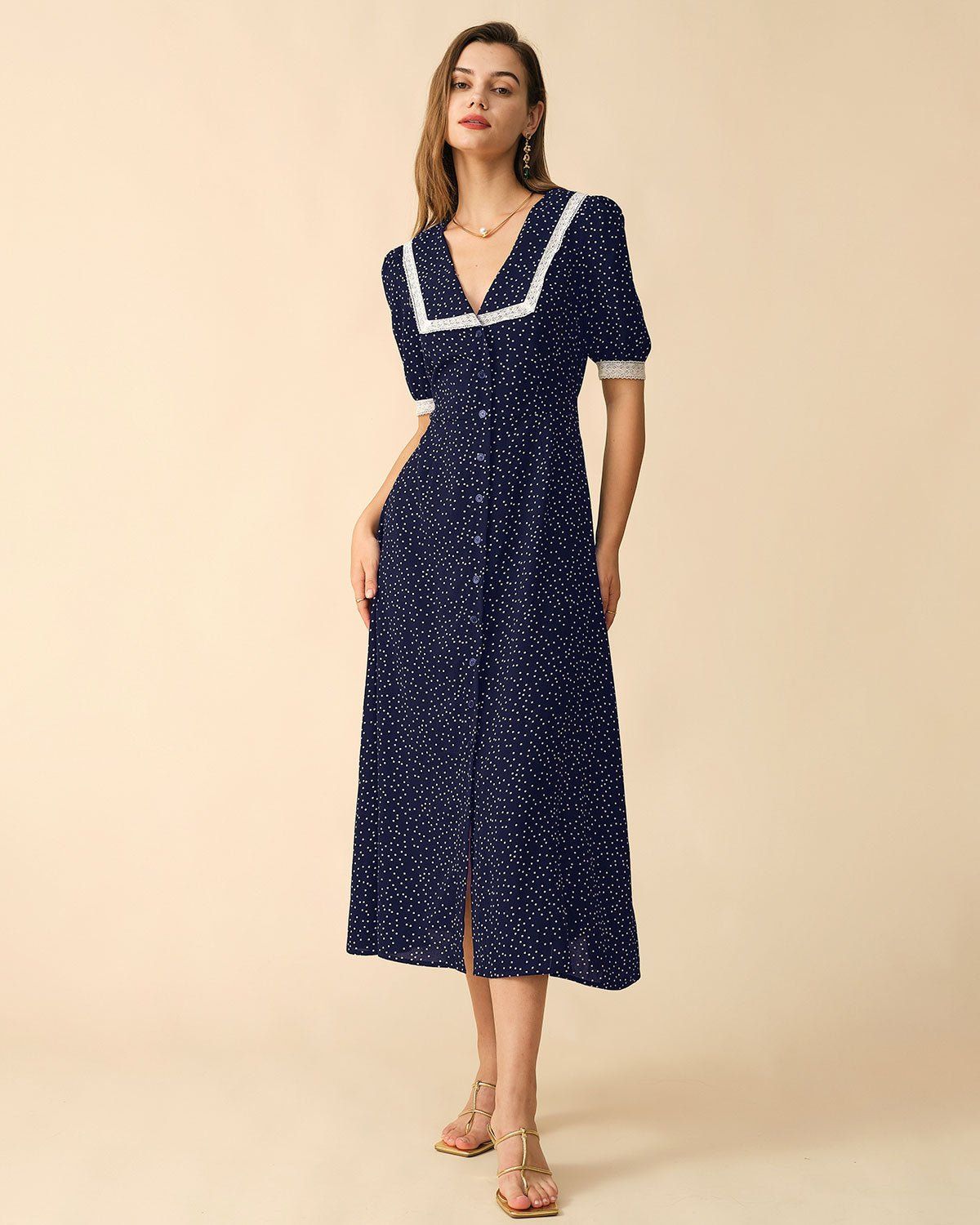 The Navy Polka Dot Lace Trim Midi Dress sold by rihoas product image thumbnail 3
