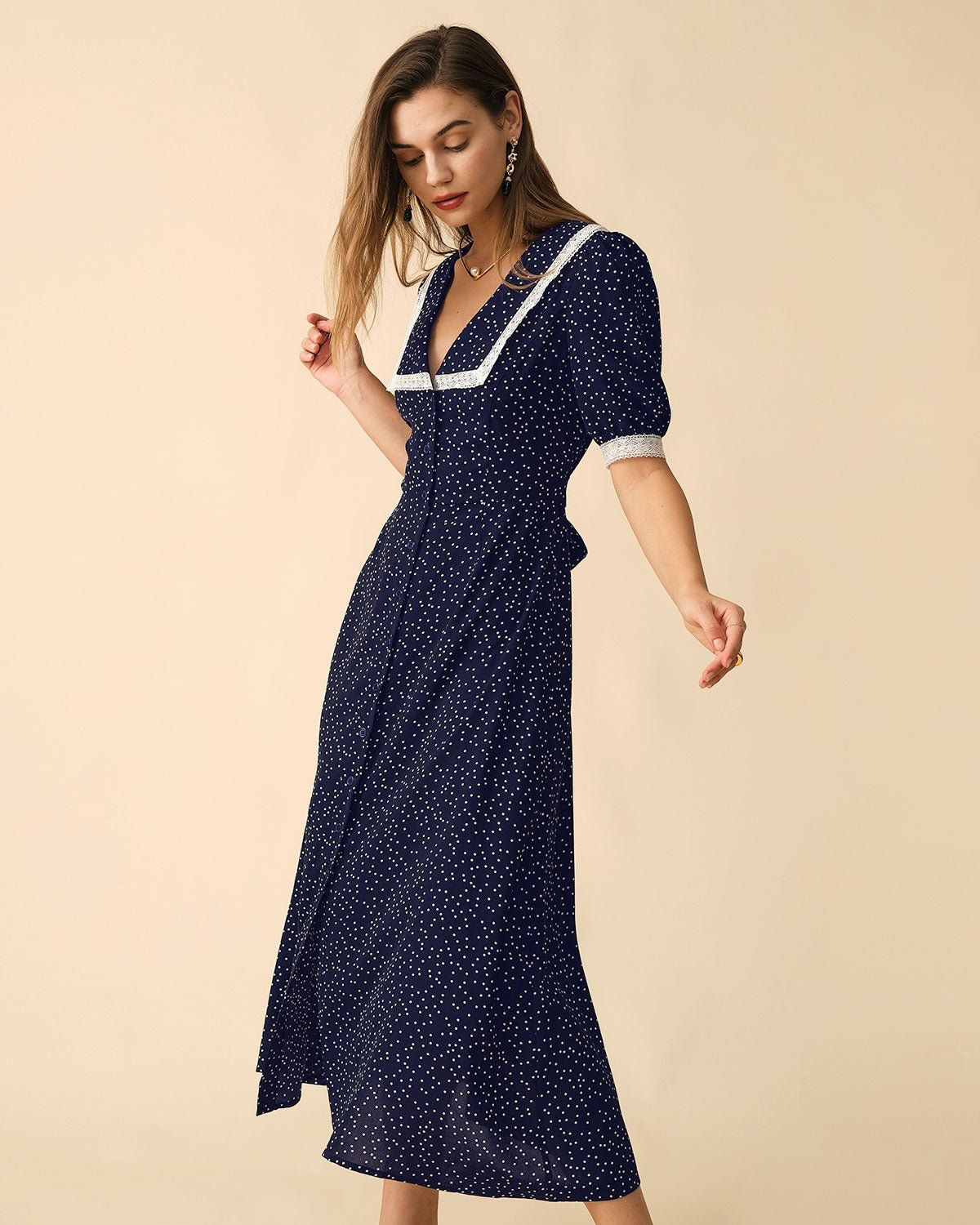 The Navy Polka Dot Lace Trim Midi Dress sold by rihoas product image thumbnail 2