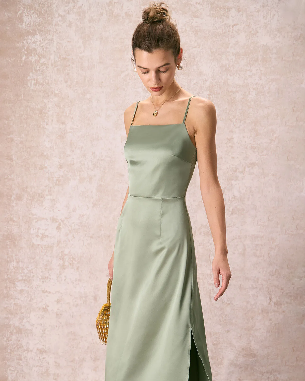 The Green Square Neck Satin Slip Midi Dress sold by rihoas product image thumbnail 4