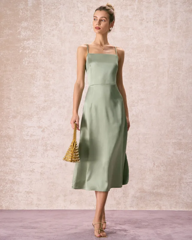 The Green Square Neck Satin Slip Midi Dress sold by rihoas
