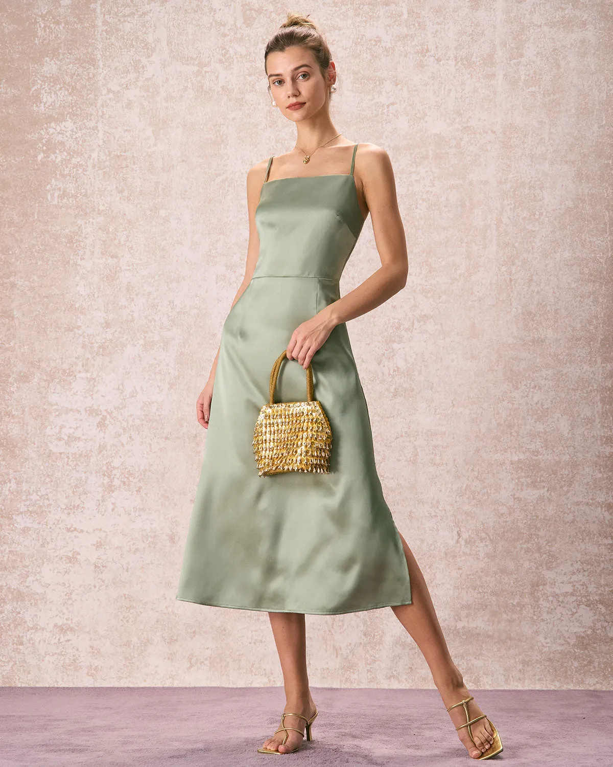 The Green Square Neck Satin Slip Midi Dress sold by rihoas product image thumbnail 5