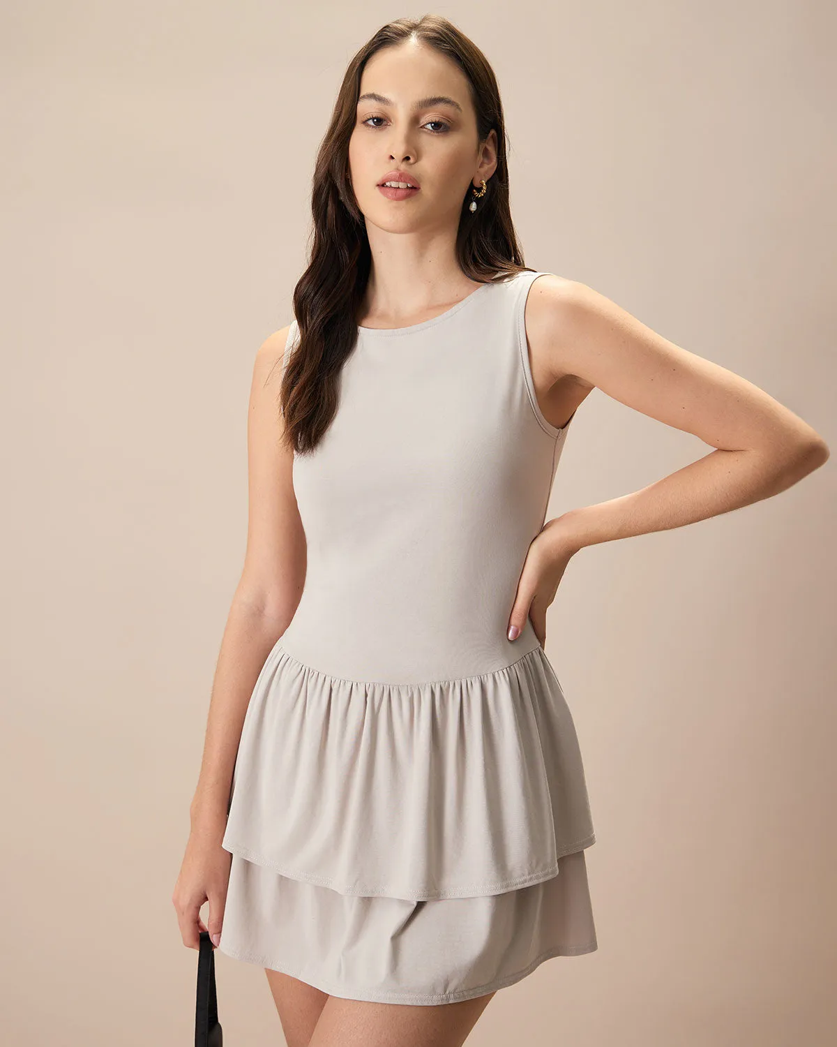 Women's Grey Crew Neck Ruffle Tiered Cotton Mini Dress sold by rihoas