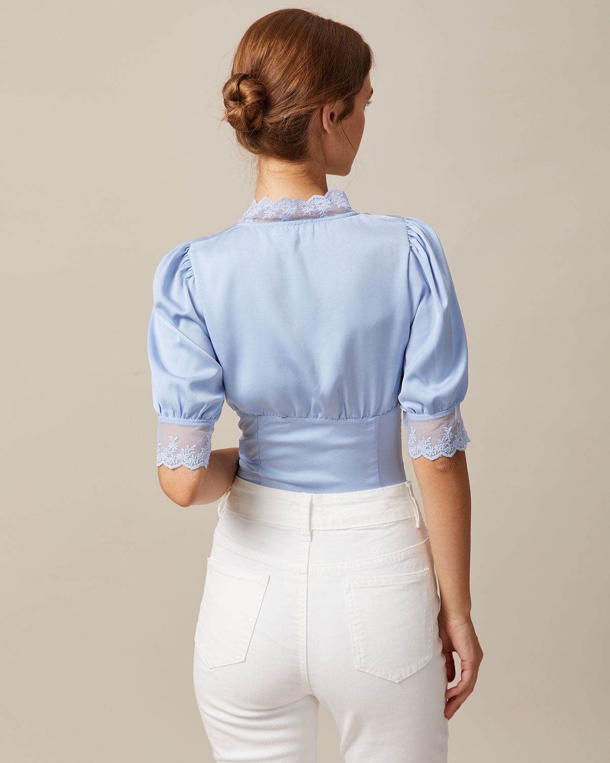 The Blue V Neck Lace Trim Satin Blouse sold by rihoas product image thumbnail 5