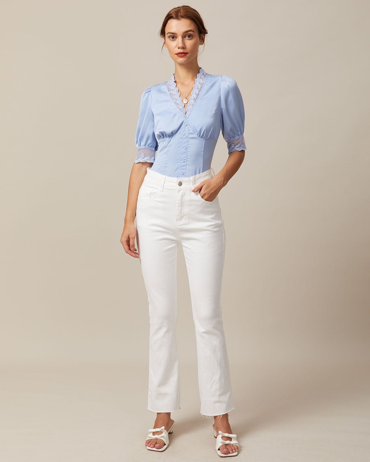 The Blue V Neck Lace Trim Satin Blouse sold by rihoas product image thumbnail 2