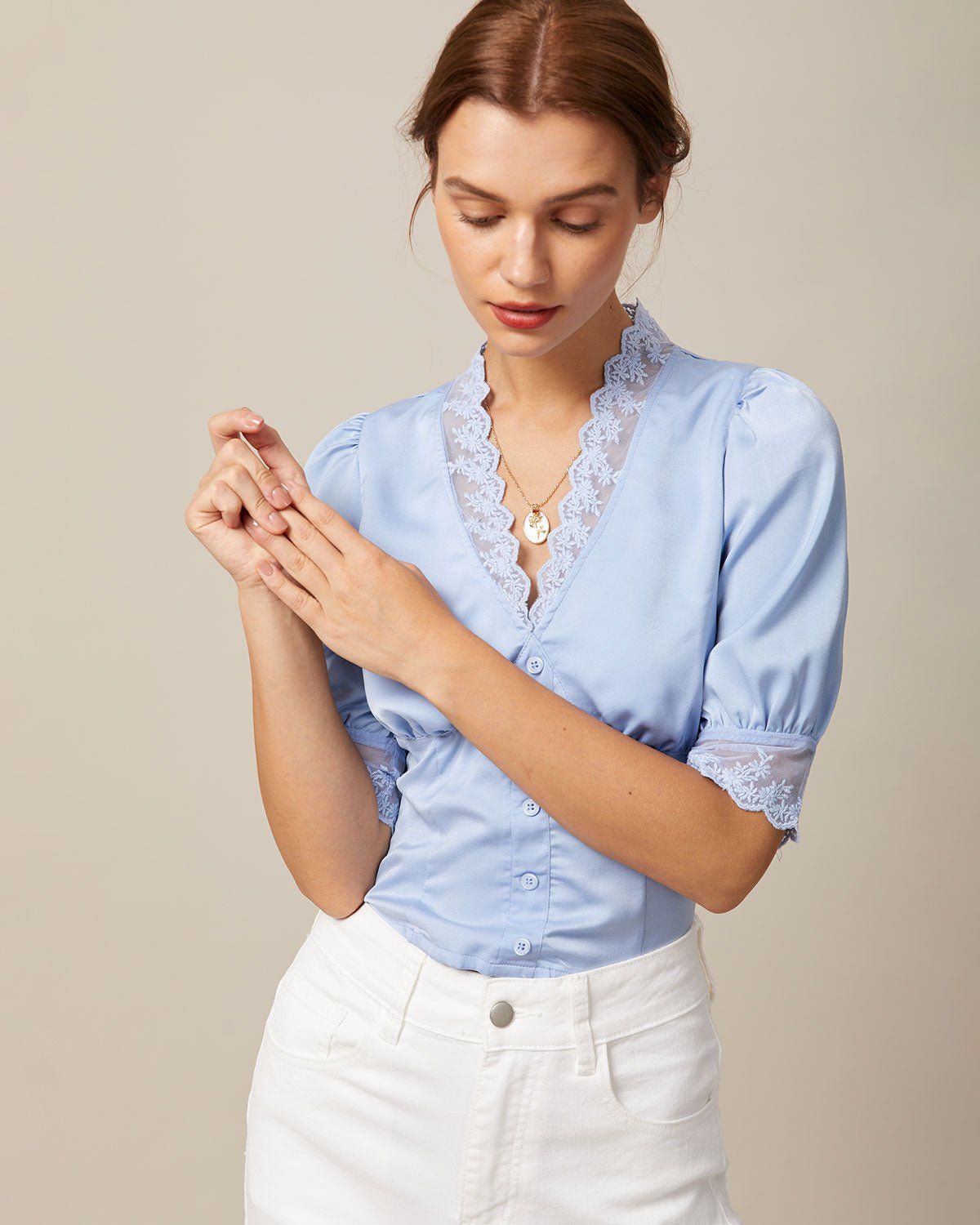 The Blue V Neck Lace Trim Satin Blouse sold by rihoas product image thumbnail 3