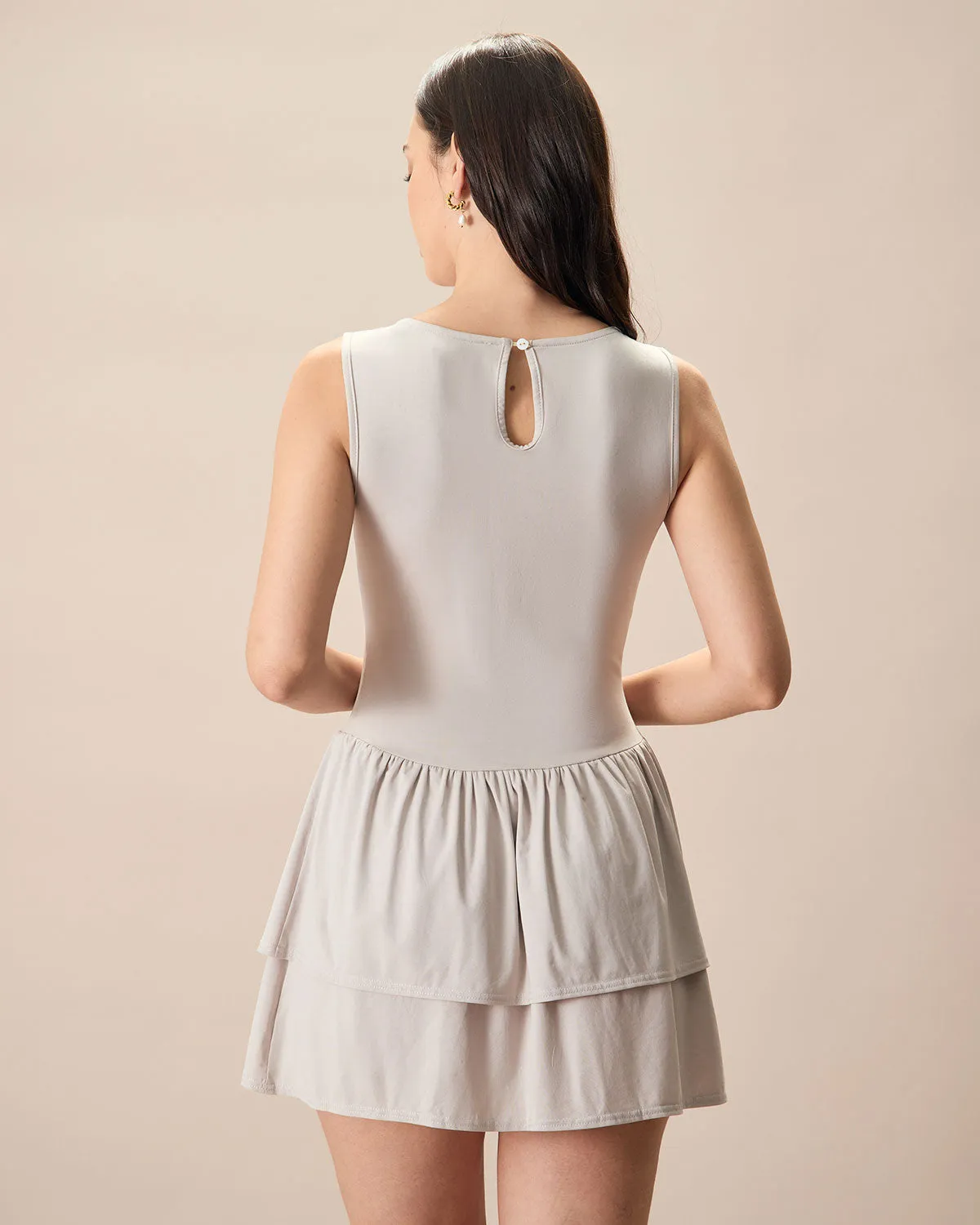 Women's Grey Crew Neck Ruffle Tiered Cotton Mini Dress sold by rihoas product image thumbnail 4