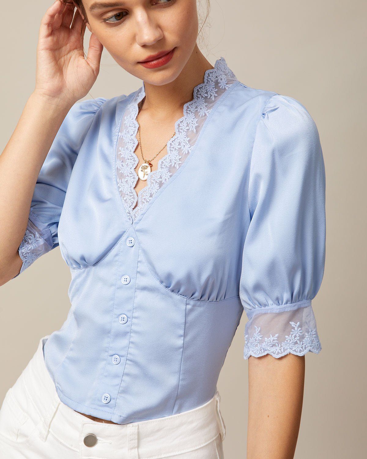 The Blue V Neck Lace Trim Satin Blouse sold by rihoas product image thumbnail 4