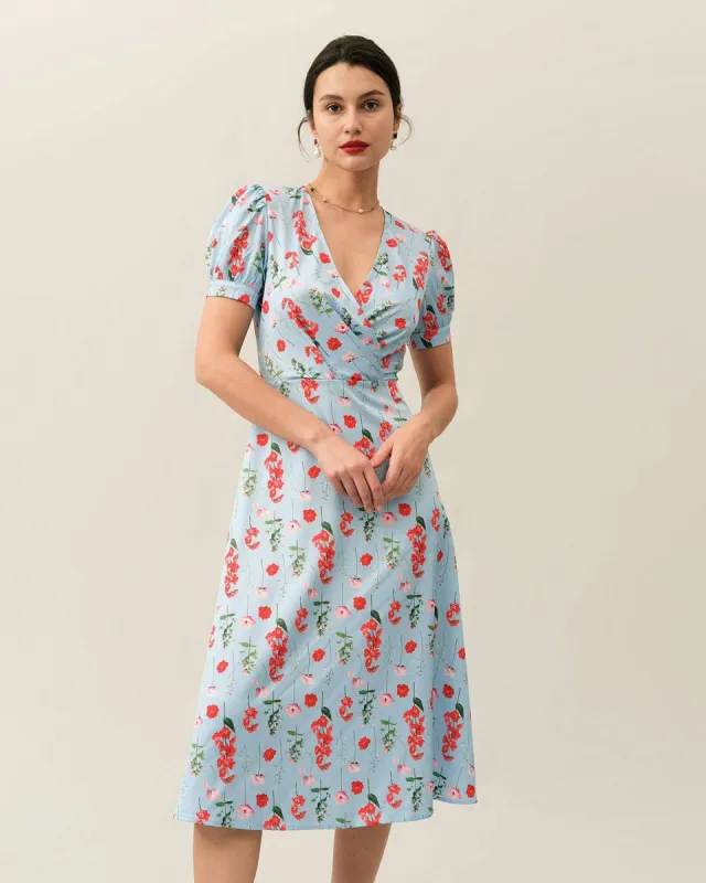The V Neck Puff Sleeve Floral Midi Dress sold by rihoas