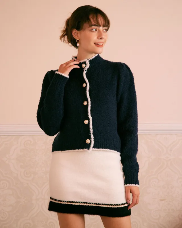 The Navy Mock Neck Contrast Trim Cardigan sold by rihoas