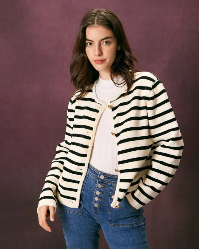 The Beige Round Neck Button Striped Cardigan sold by rihoas