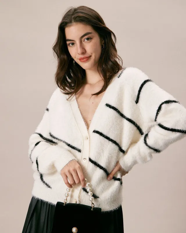 The White V Neck Fluffy Striped Cardigan sold by rihoas