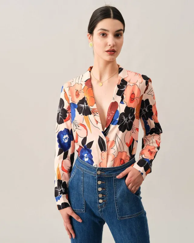 The Lapel Floral Long Sleeve Blouse sold by rihoas