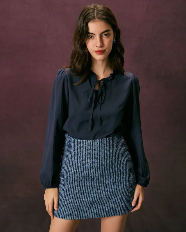 The Blue Bowknot Collar Tie Ruffle Blouse sold by rihoas