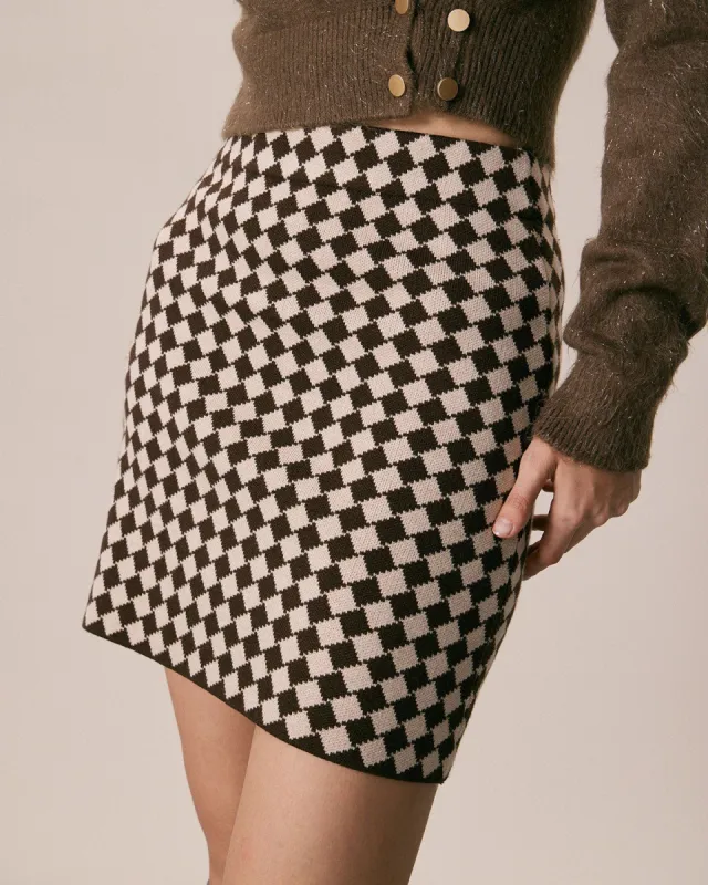 The Coffee Geometric Plaid Knit Mini Skirt sold by rihoas