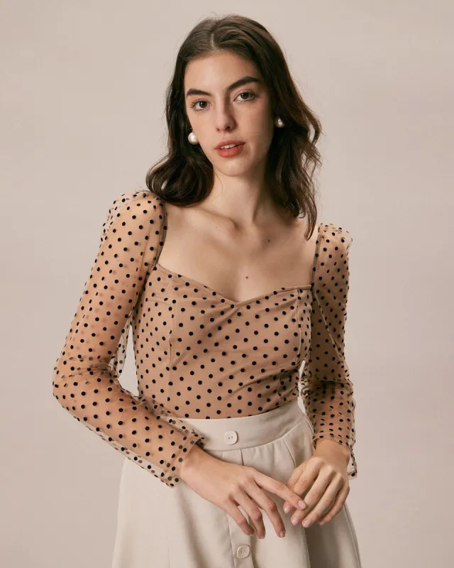 The Khaki Sweetheart Neck Polka Dot Blouse sold by rihoas