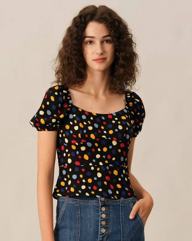 The Polka Dot Puff Sleeve Ruched Blouse sold by rihoas